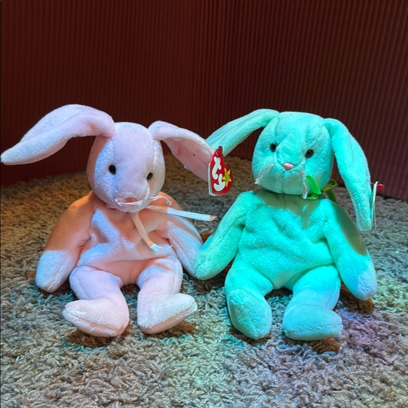 TY Beanie Babies Pink and Green Bunnies - Picture 1 of 1